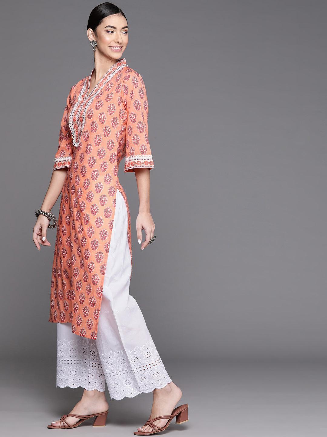 Peach Printed Cotton Kurta - ShopLibas