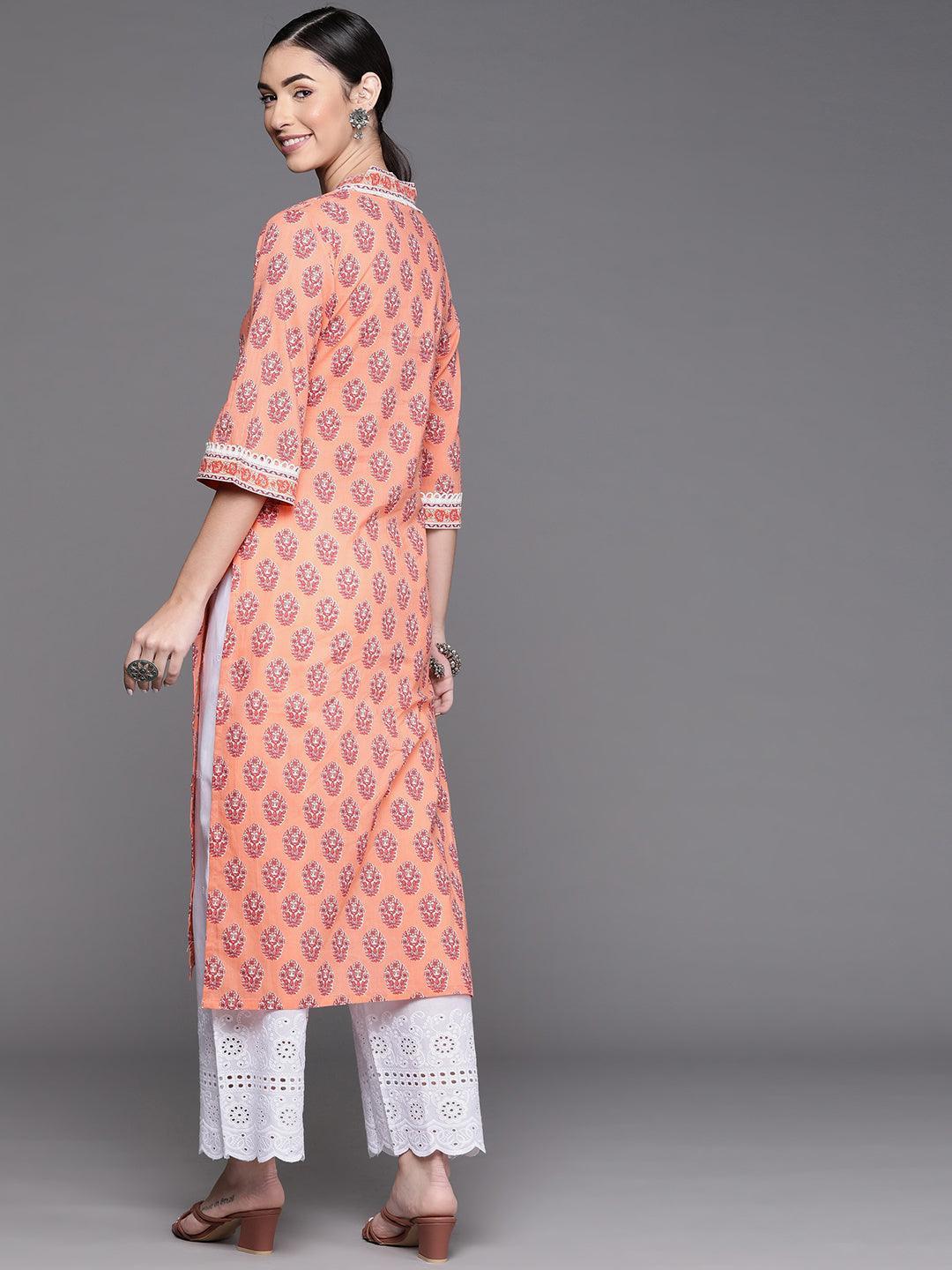 Peach Printed Cotton Kurta - ShopLibas