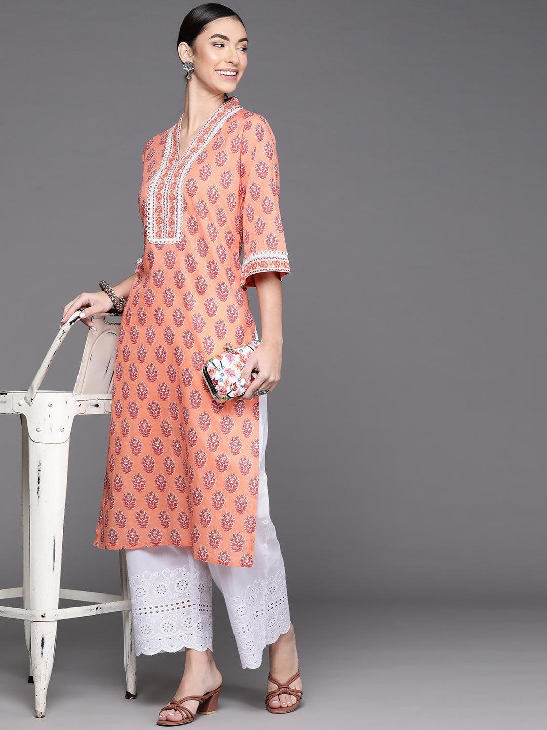 Peach Printed Cotton Kurta - ShopLibas