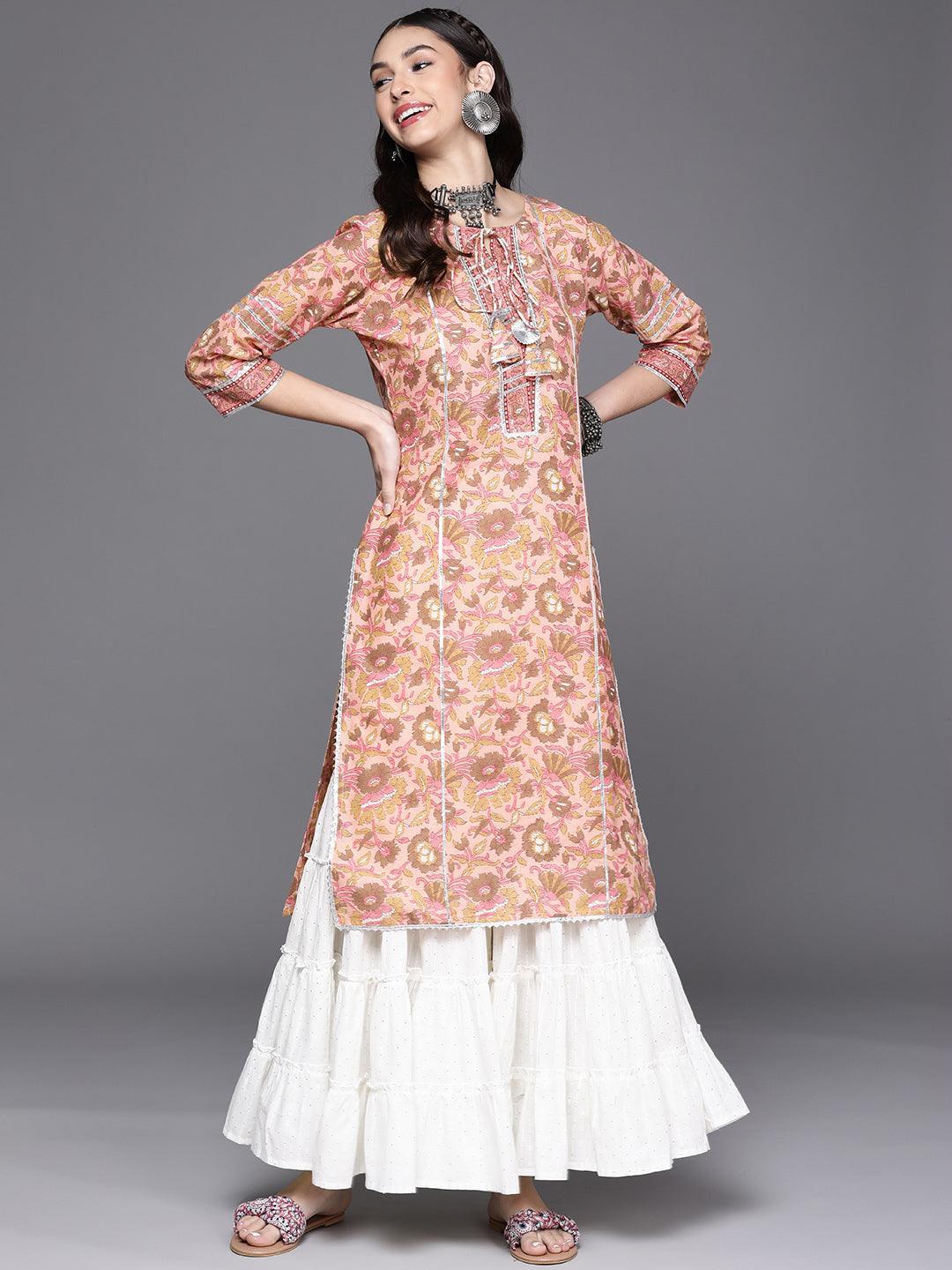 Pink Printed Cotton Kurta - ShopLibas