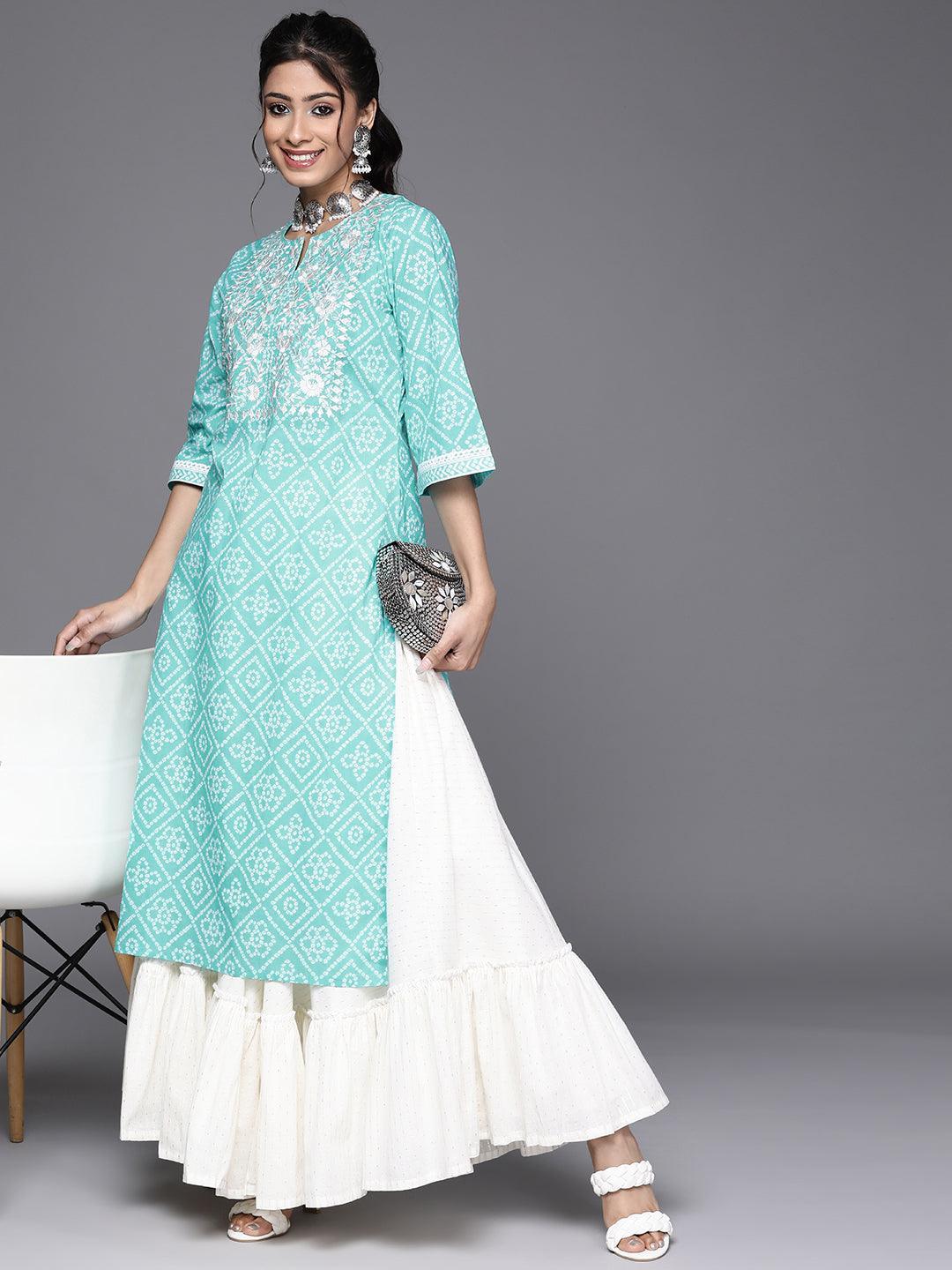 Turquoise Blue Yoke Design Cotton Kurta