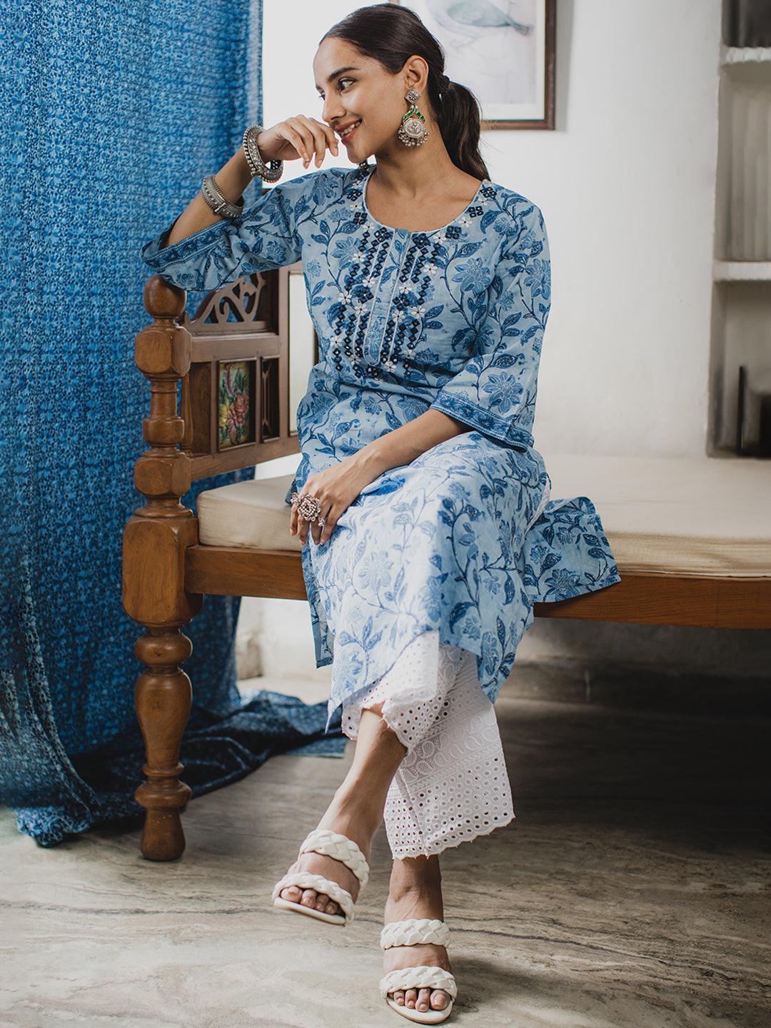 Blue Printed Cotton Kurta - ShopLibas