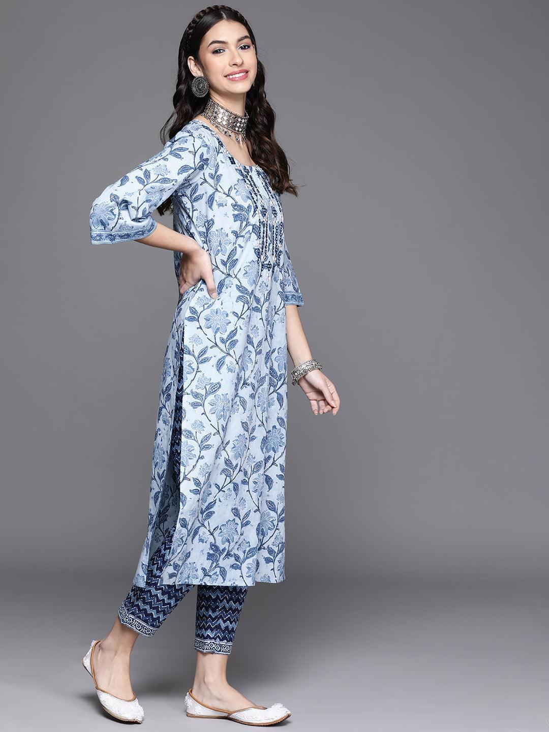 Blue Printed Cotton Kurta - ShopLibas