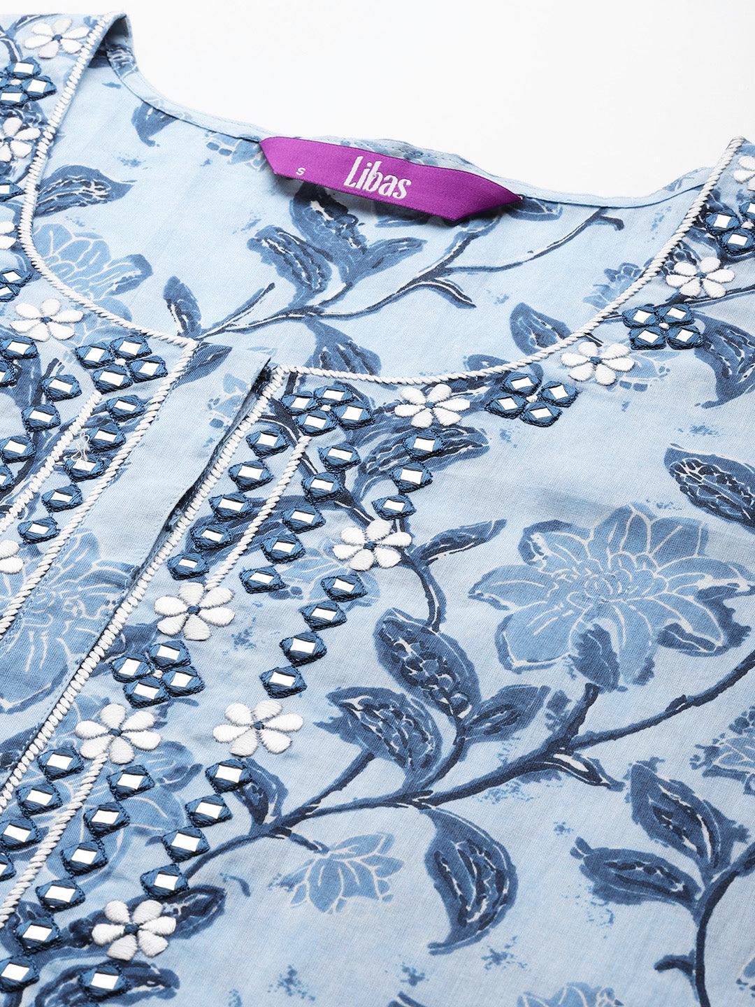 Blue Printed Cotton Kurta