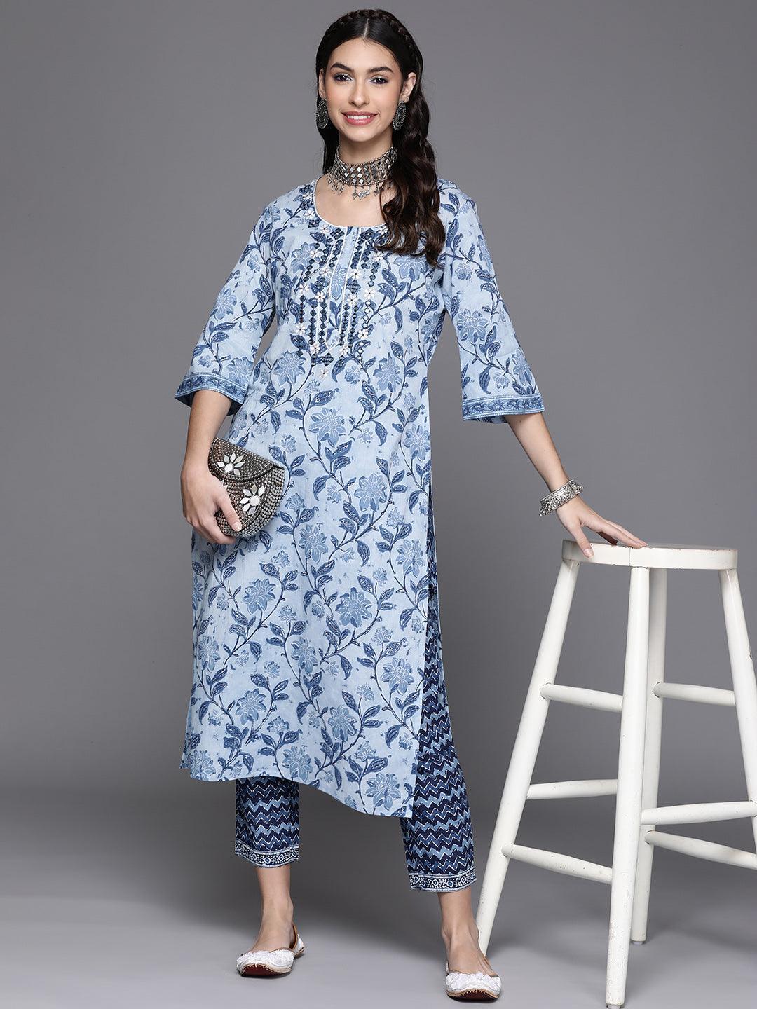 Blue Printed Cotton Kurta - ShopLibas