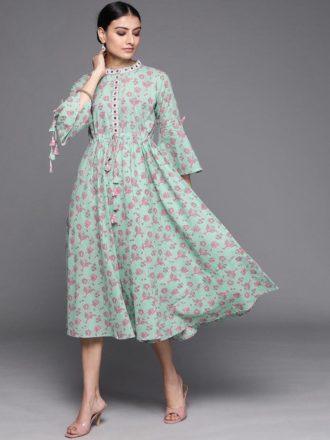 Sea Green Printed Cotton Dress