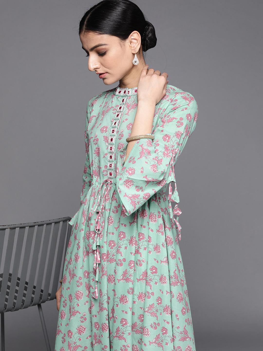 Sea Green Printed Cotton Dress - ShopLibas