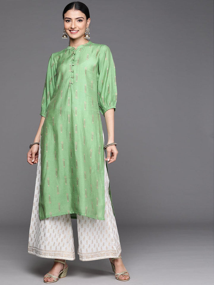 Green Printed Chanderi Silk Kurta - ShopLibas