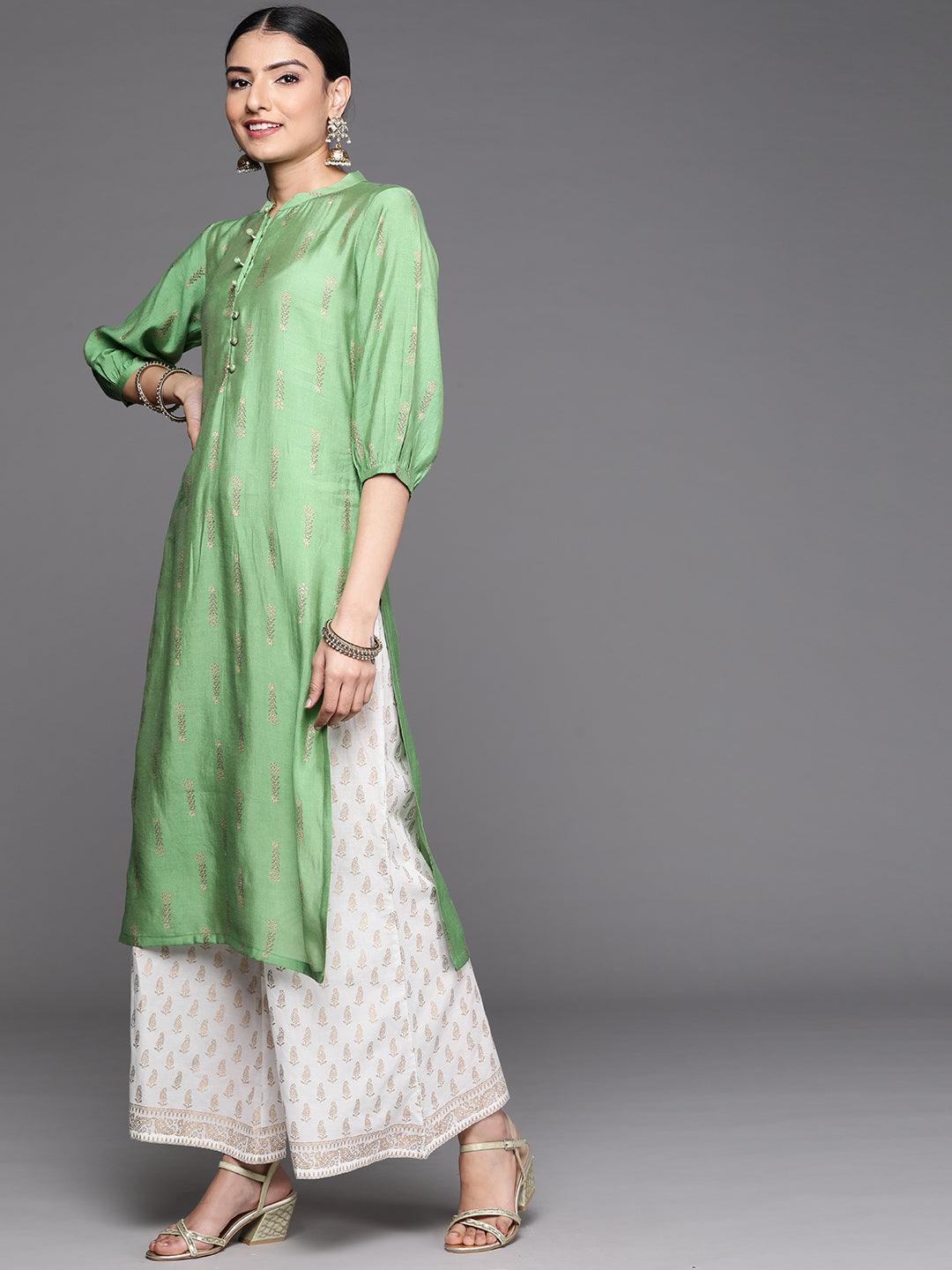 Green Printed Chanderi Silk Kurta - ShopLibas