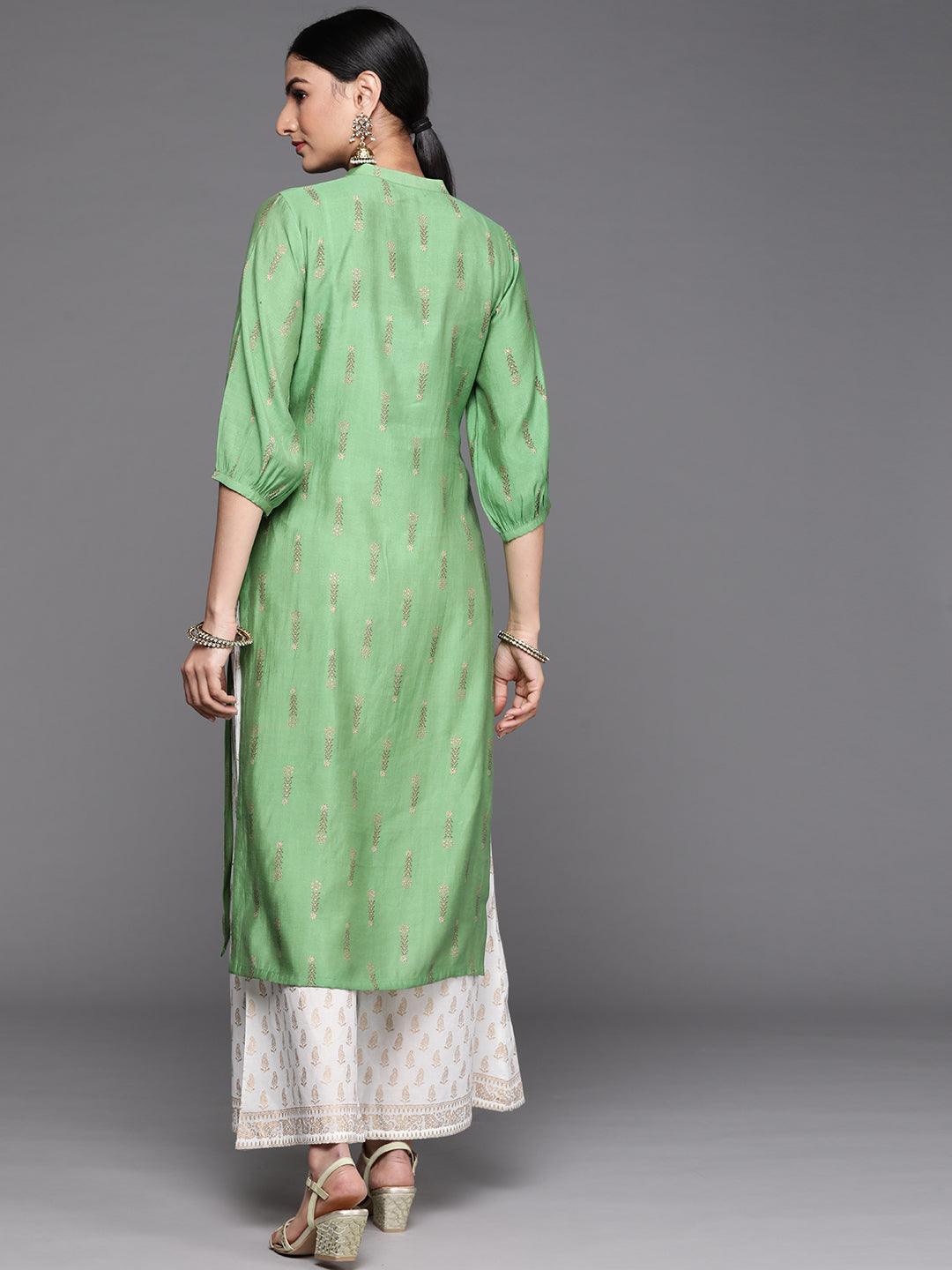 Green Printed Chanderi Silk Kurta - ShopLibas