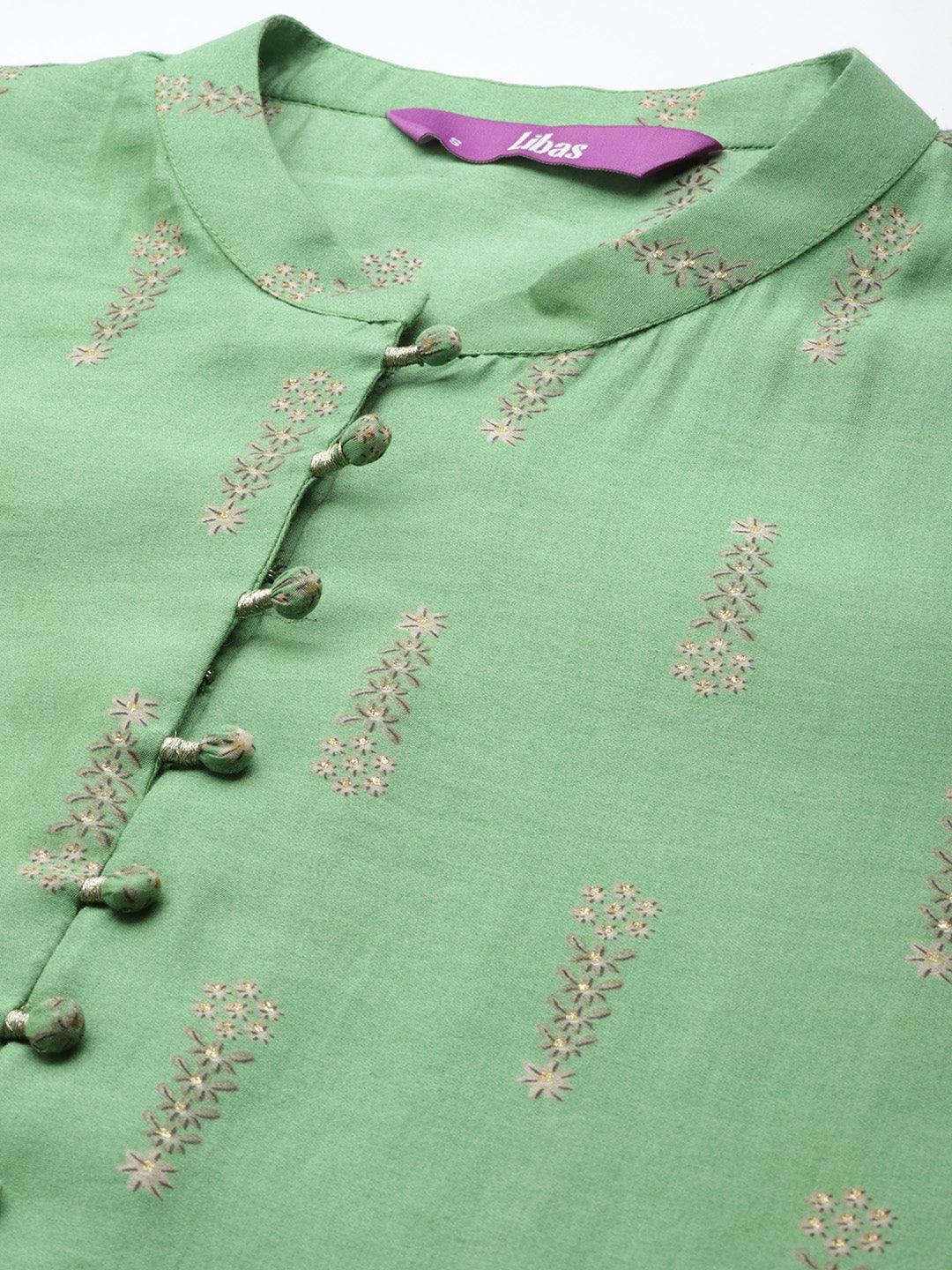 Green Printed Chanderi Silk Kurta