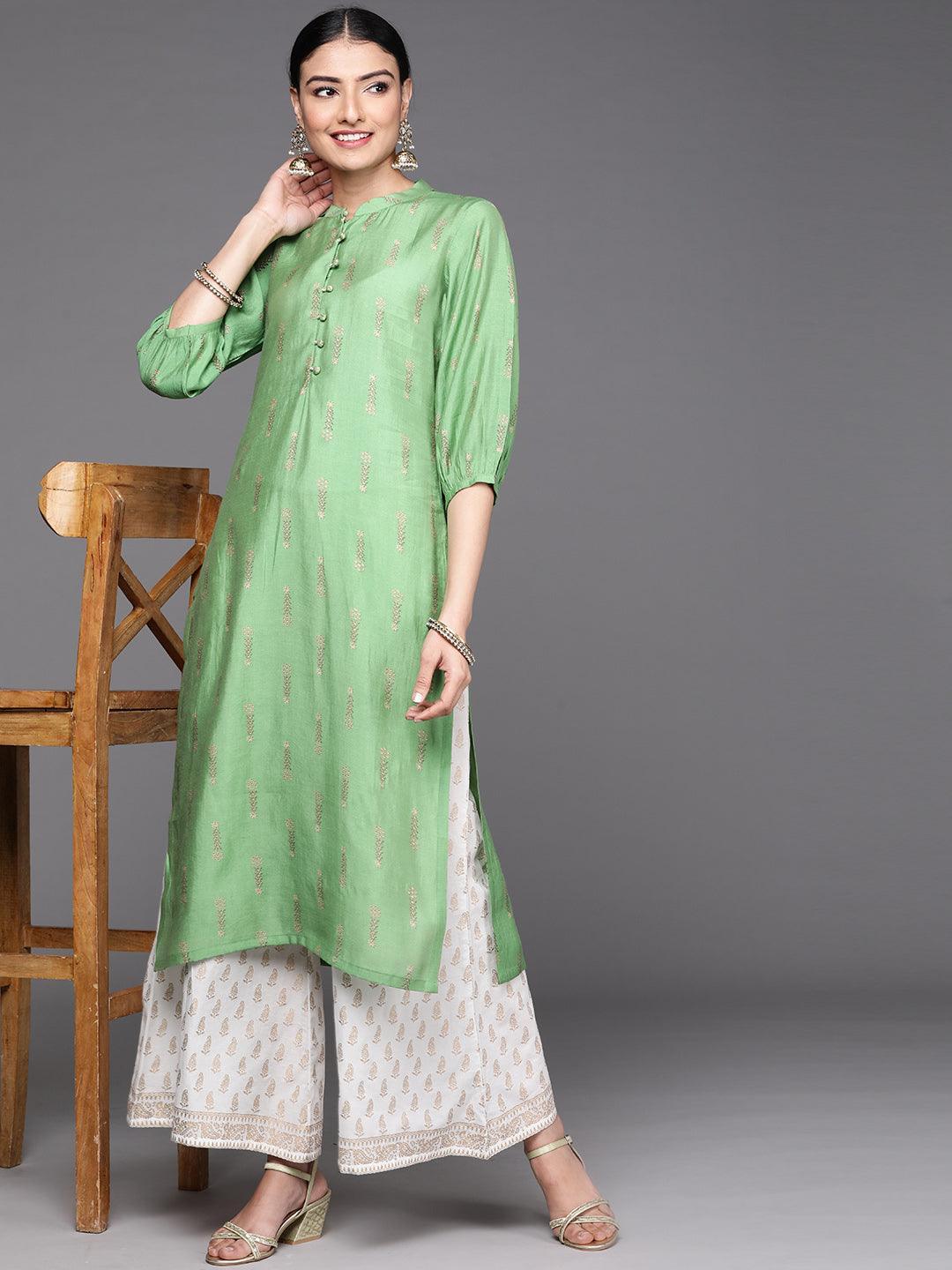 Green Printed Chanderi Silk Kurta - ShopLibas