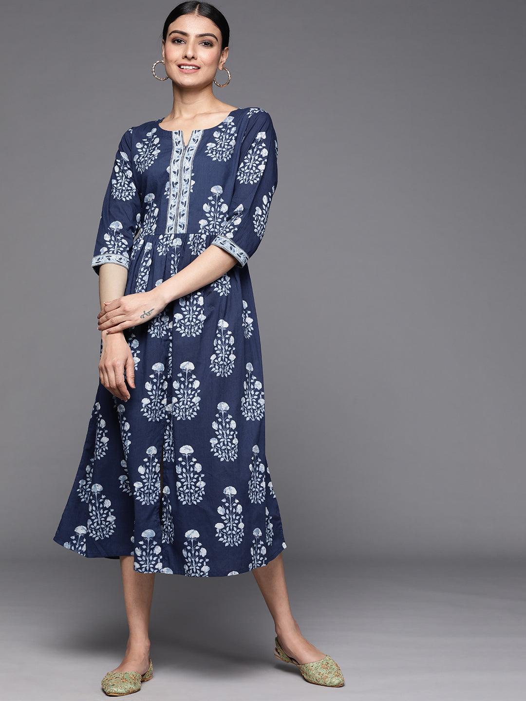 Navy Blue Printed Cotton Dress - ShopLibas