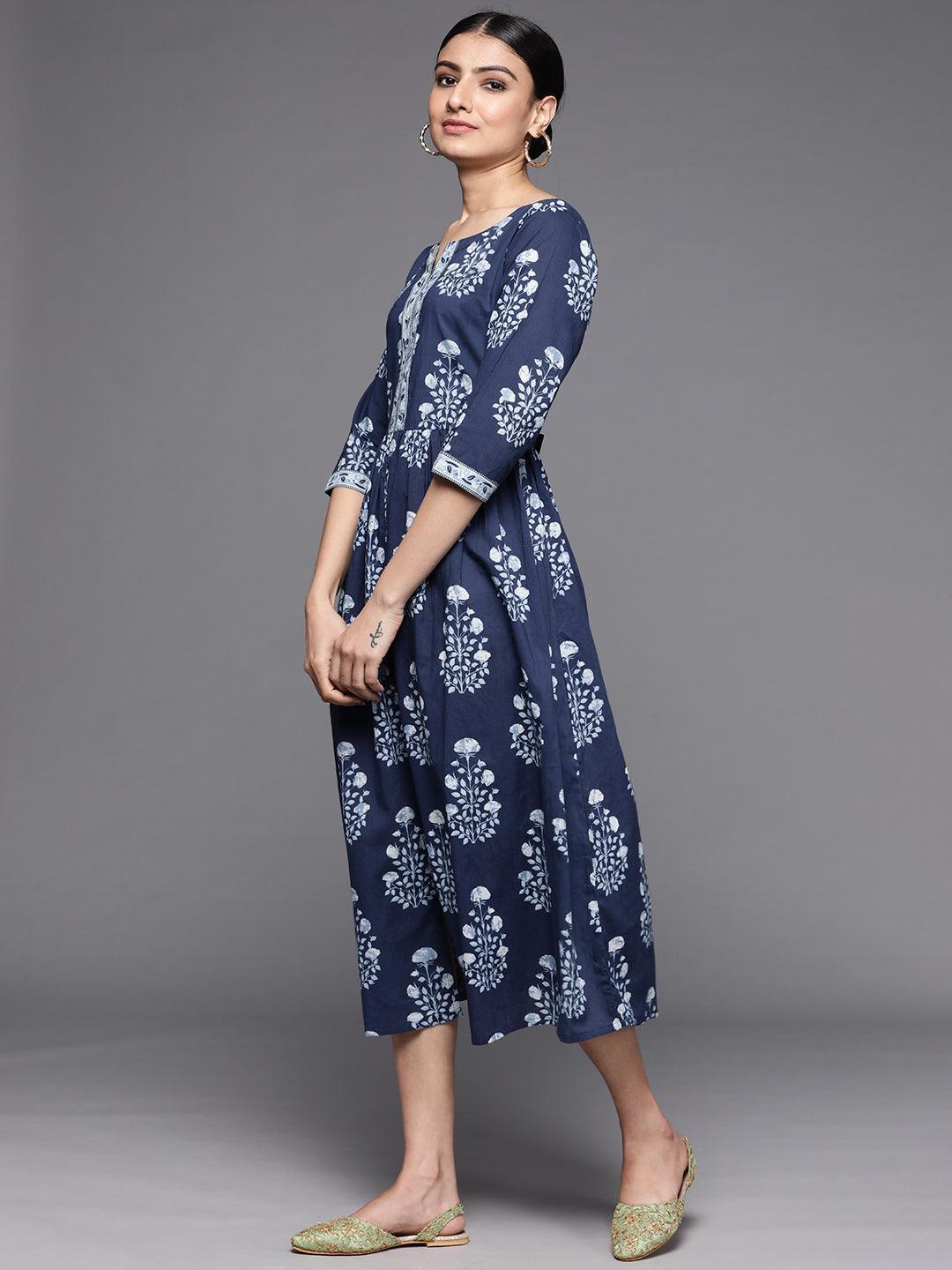 Navy Blue Printed Cotton Dress