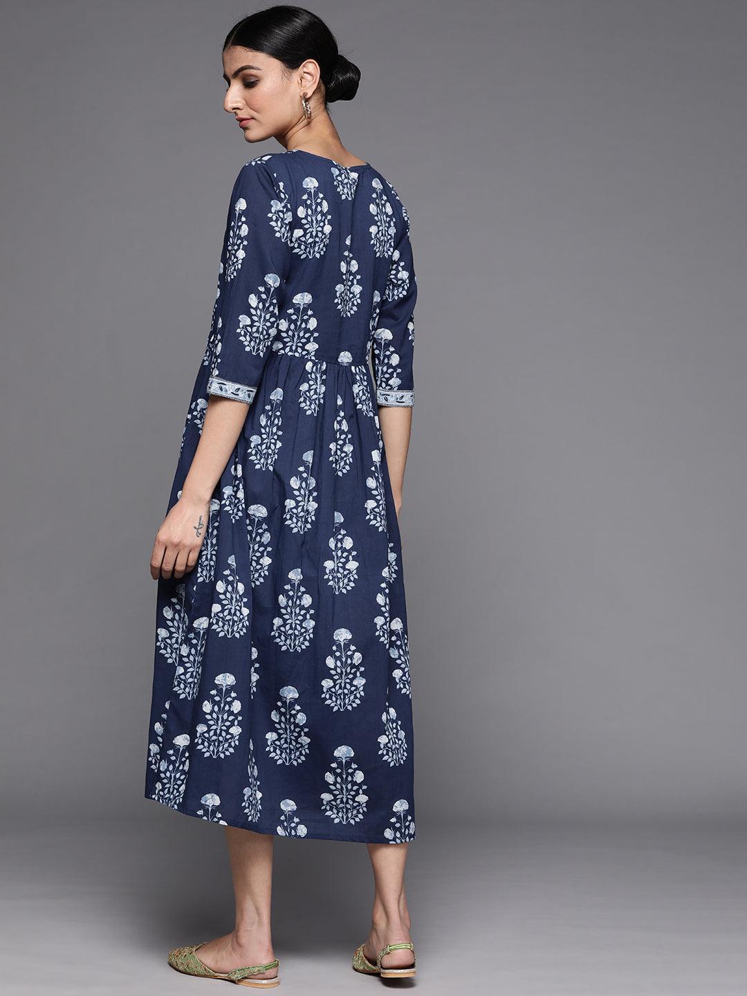 Navy Blue Printed Cotton Dress