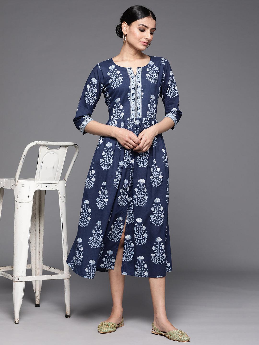 Navy Blue Printed Cotton Dress