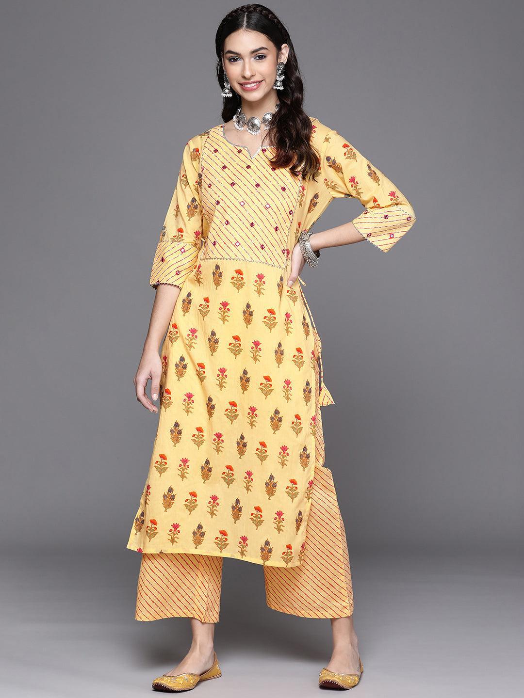 Yellow Printed Cotton Kurta