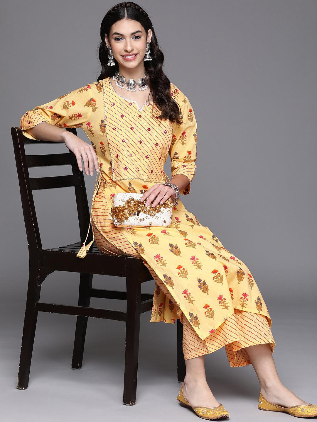 Yellow Printed Cotton Kurta