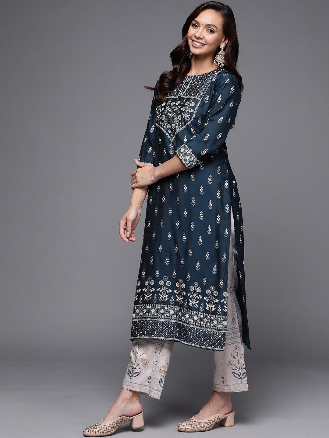 Navy Blue Yoke Design Silk Kurta - ShopLibas