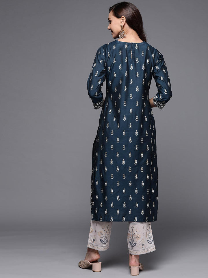 Navy Blue Yoke Design Silk Kurta - ShopLibas