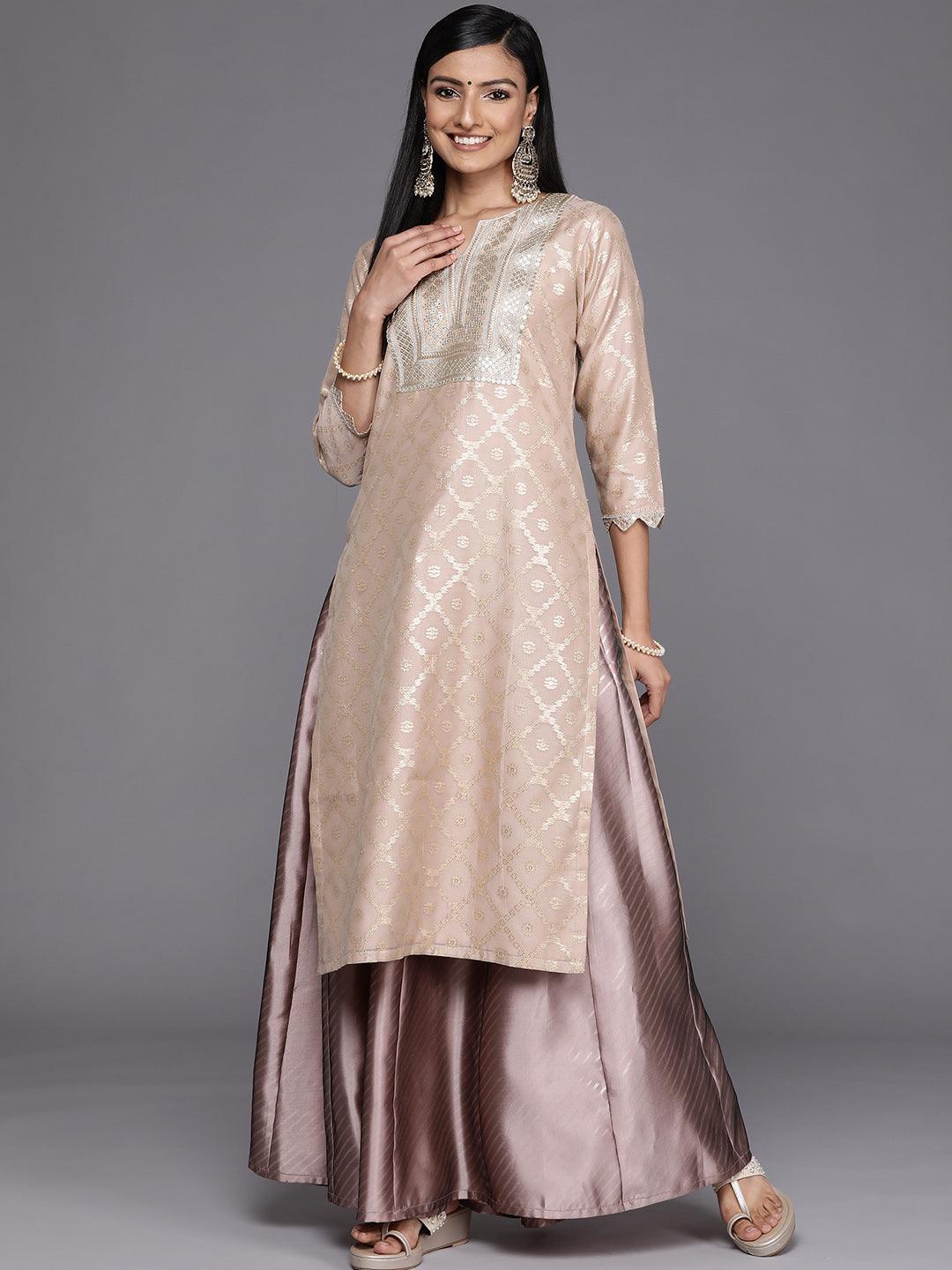 Beige Woven Design Chanderi Silk Straight Kurta