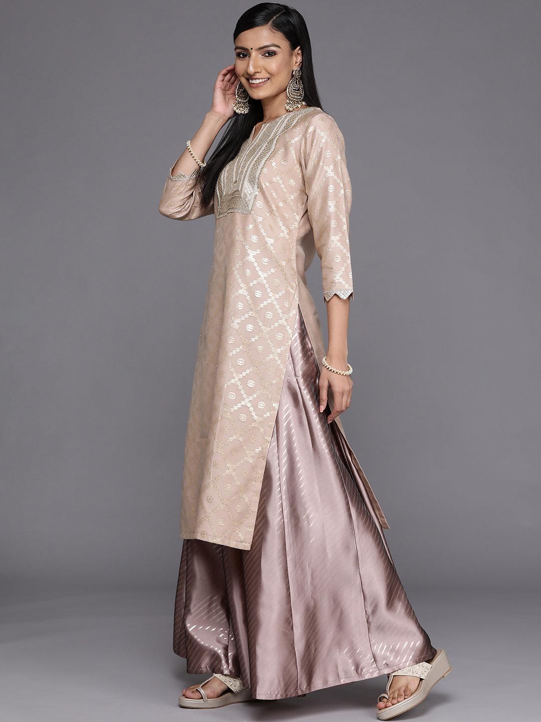 Beige Woven Design Chanderi Silk Straight Kurta