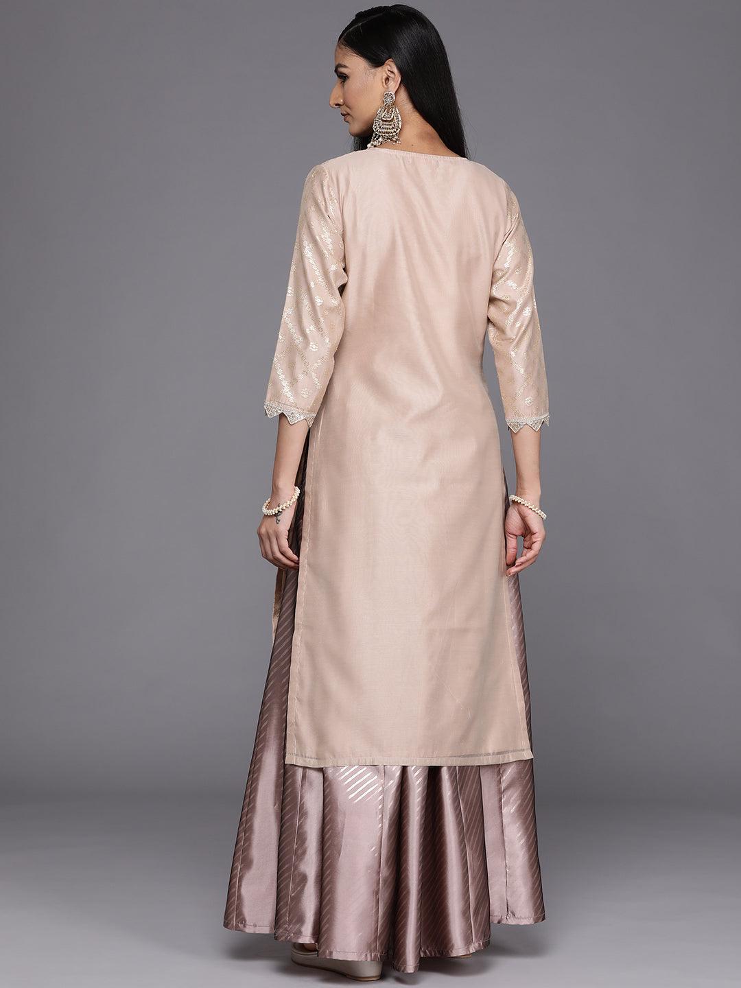 Beige Woven Design Chanderi Silk Straight Kurta