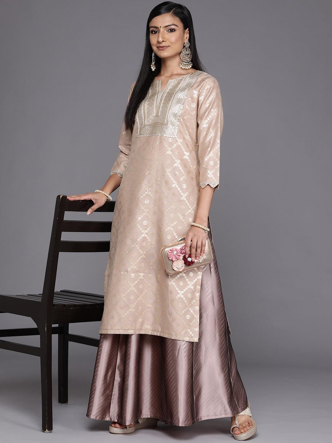 Beige Woven Design Chanderi Silk Straight Kurta