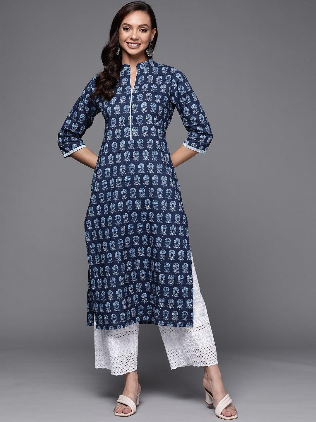 Navy Blue Printed Cotton Straight Kurta