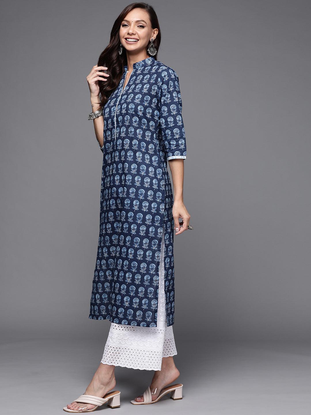 Navy Blue Printed Cotton Straight Kurta