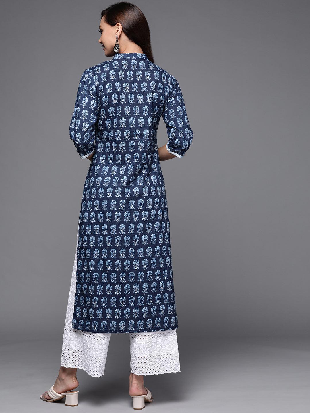 Navy Blue Printed Cotton Straight Kurta