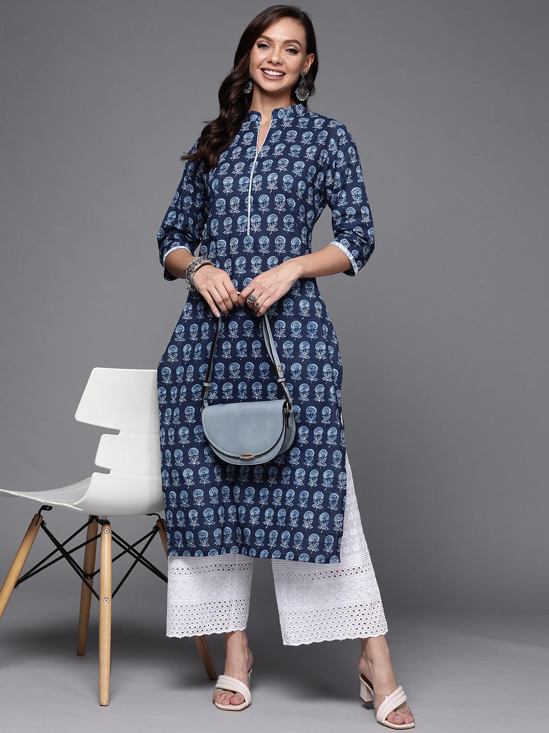 Navy Blue Printed Cotton Straight Kurta