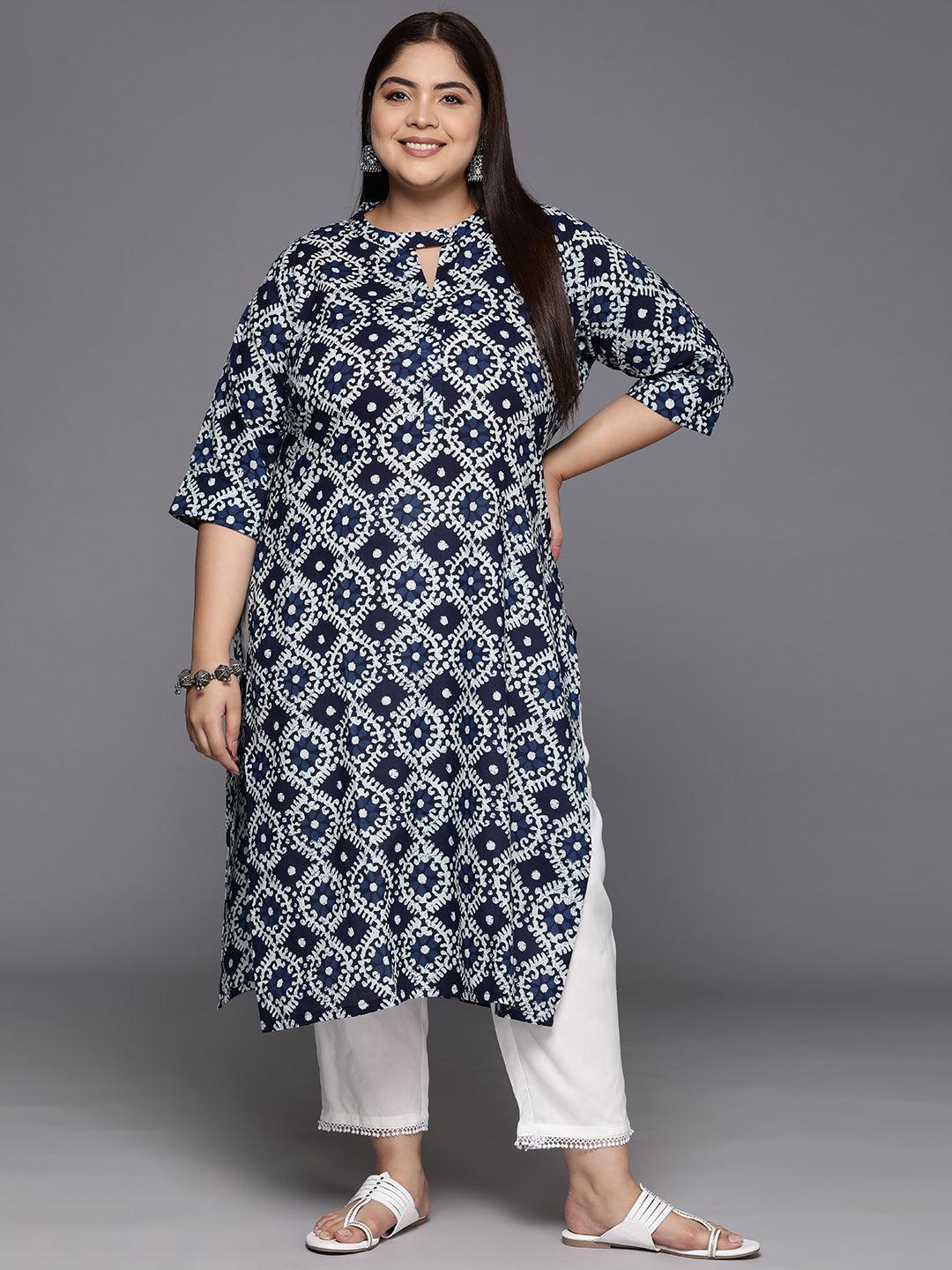 Plus Size Plus Size Blue Printed Cotton Straight Kurta