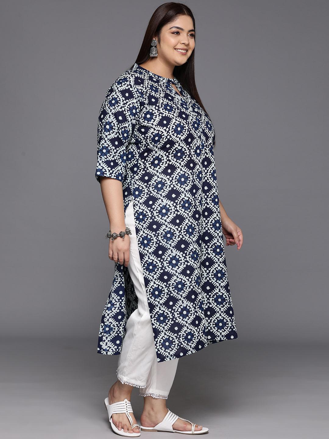 Plus Size Plus Size Blue Printed Cotton Straight Kurta