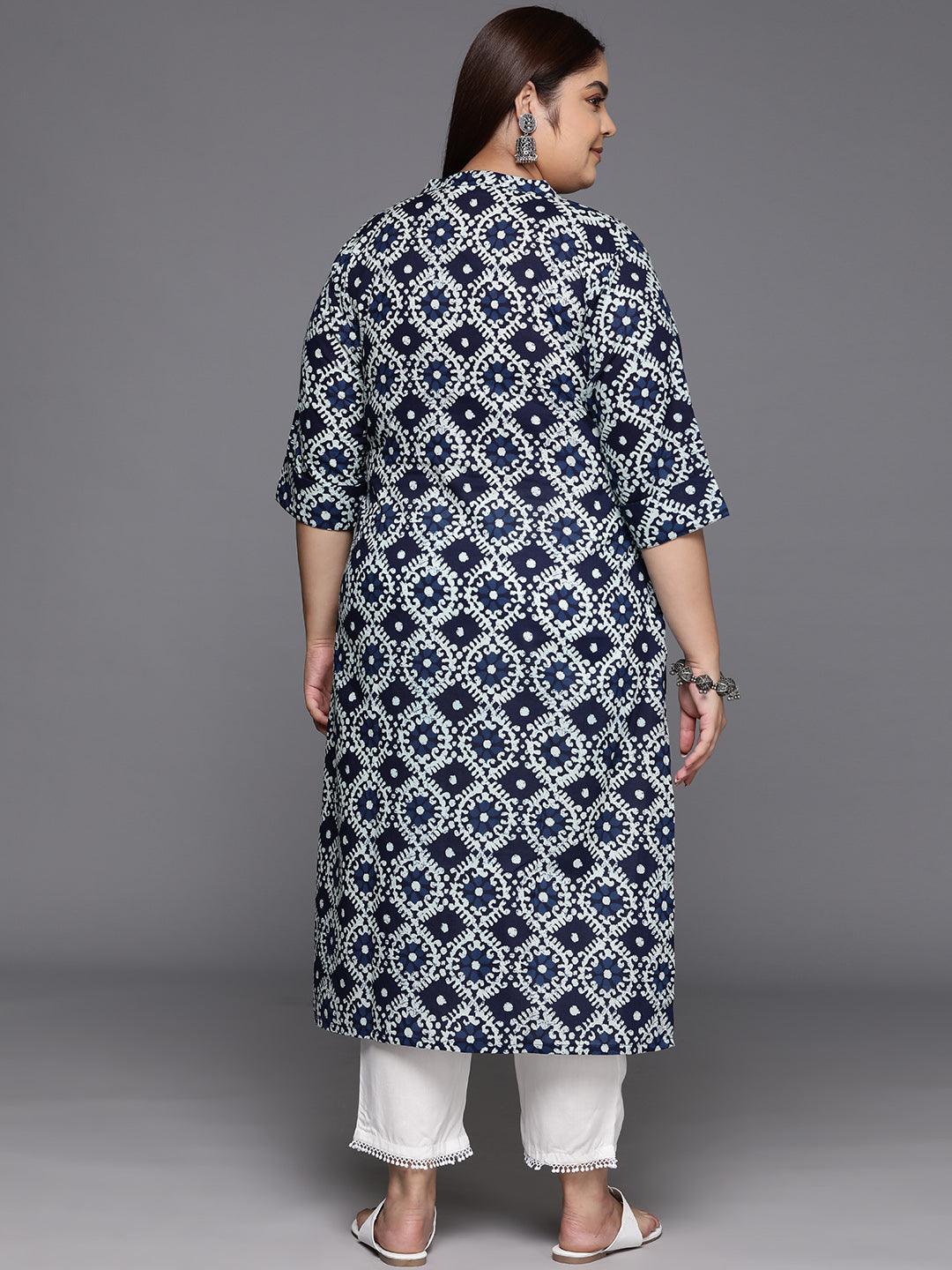 Plus Size Plus Size Blue Printed Cotton Straight Kurta