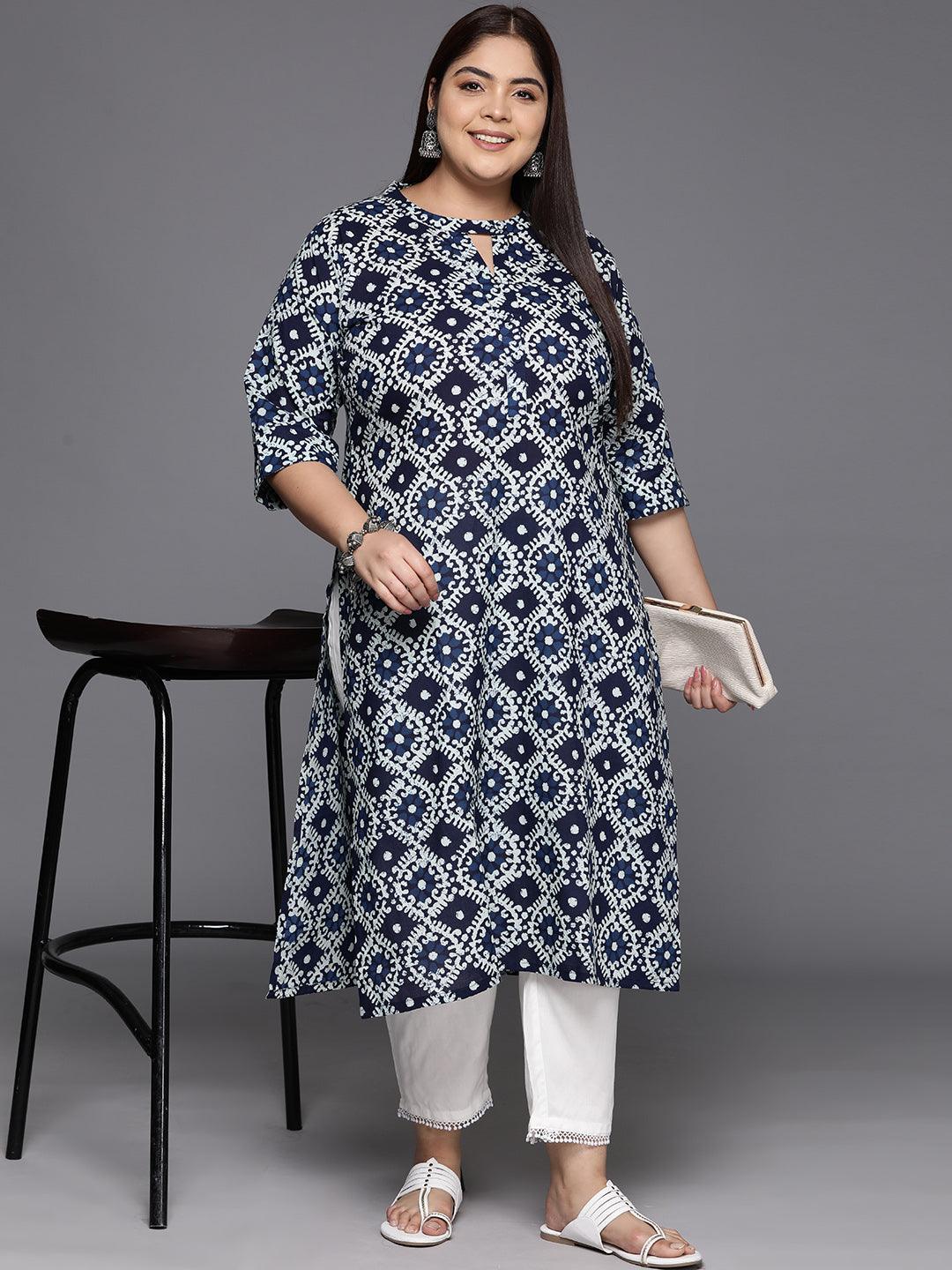 Plus Size Plus Size Blue Printed Cotton Straight Kurta