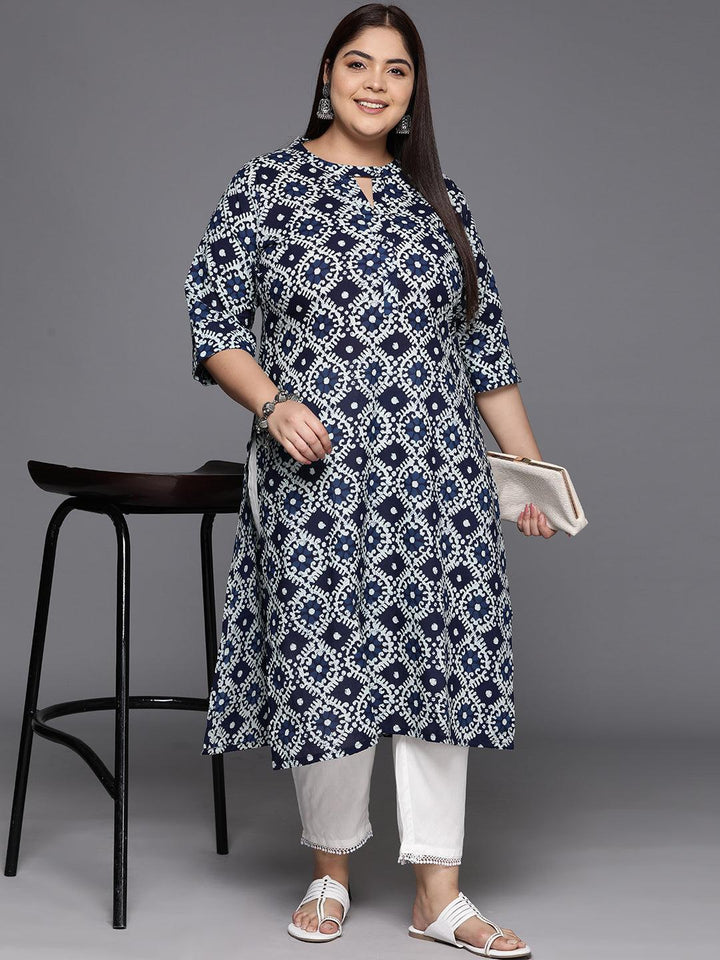 Plus Size Plus Size Blue Printed Cotton Straight Kurta - ShopLibas