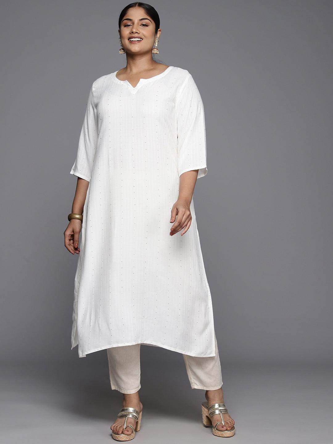 Plus Size White Rayon Embroidered Straight Kurta - ShopLibas