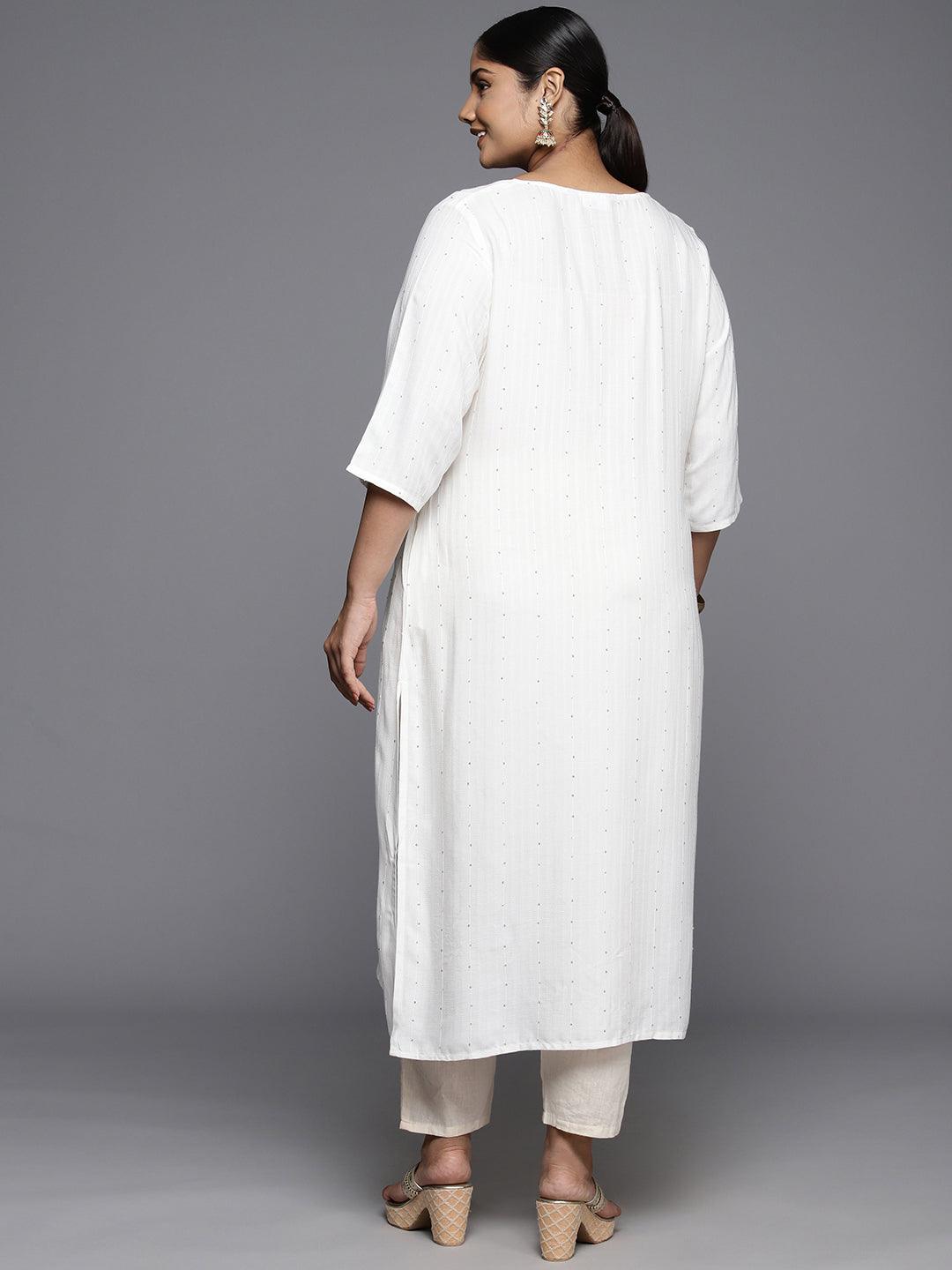 Plus Size White Rayon Embroidered Straight Kurta - ShopLibas