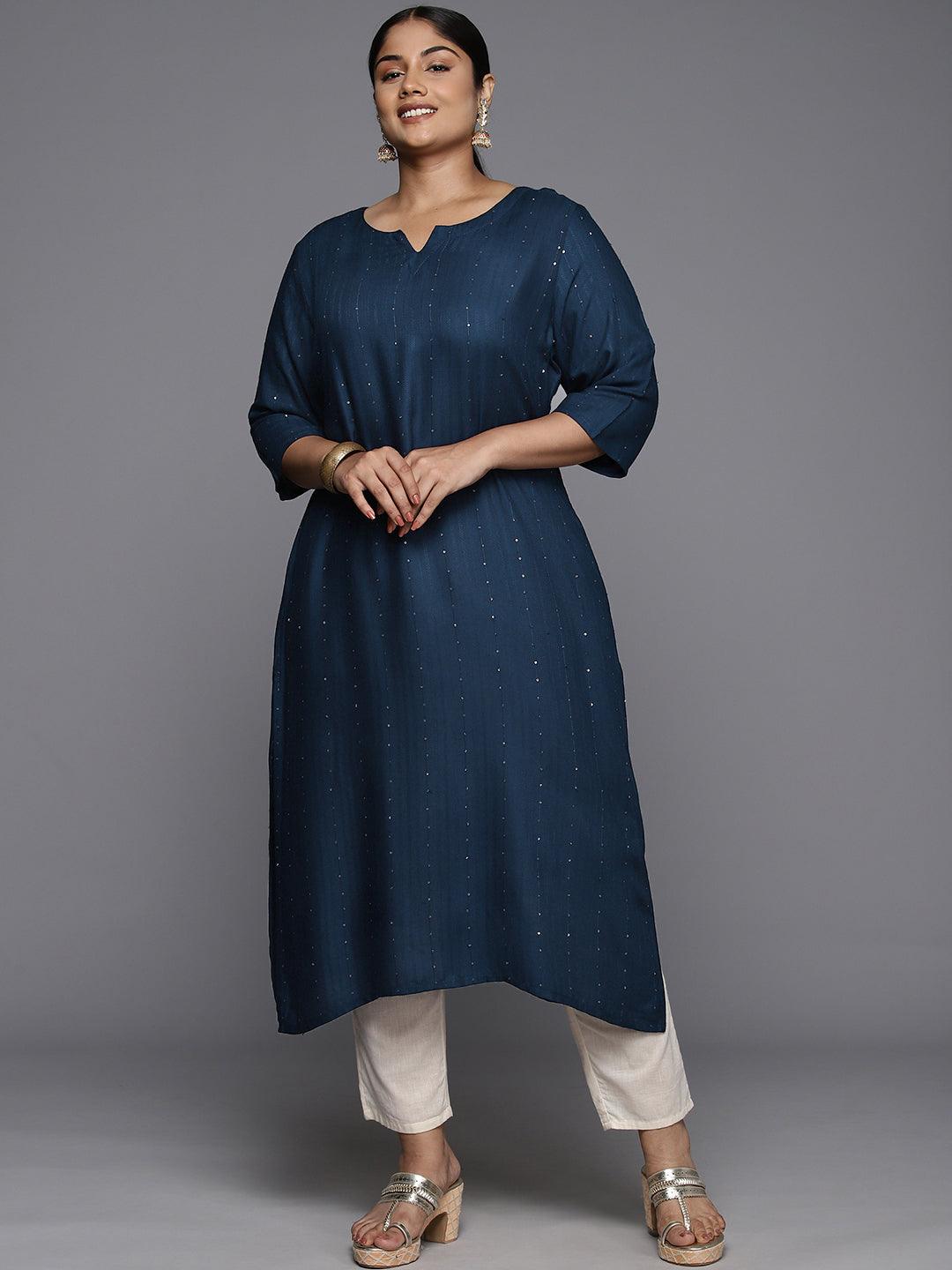 Plus Size Blue Rayon Embroidered Straight Kurta