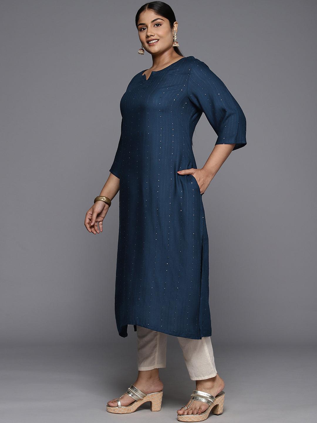 Plus Size Blue Rayon Embroidered Straight Kurta