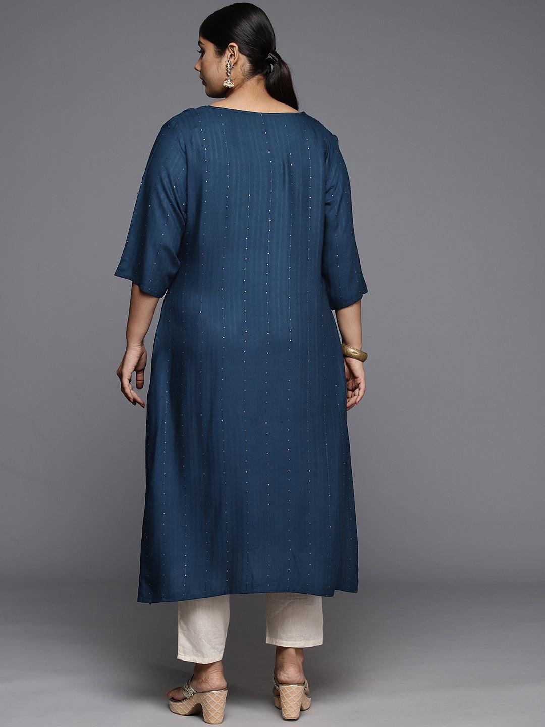 Plus Size Blue Rayon Embroidered Straight Kurta