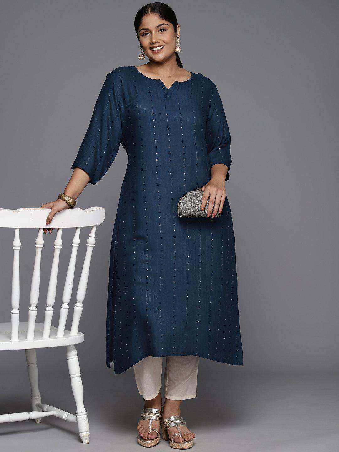 Plus Size Blue Rayon Embroidered Straight Kurta