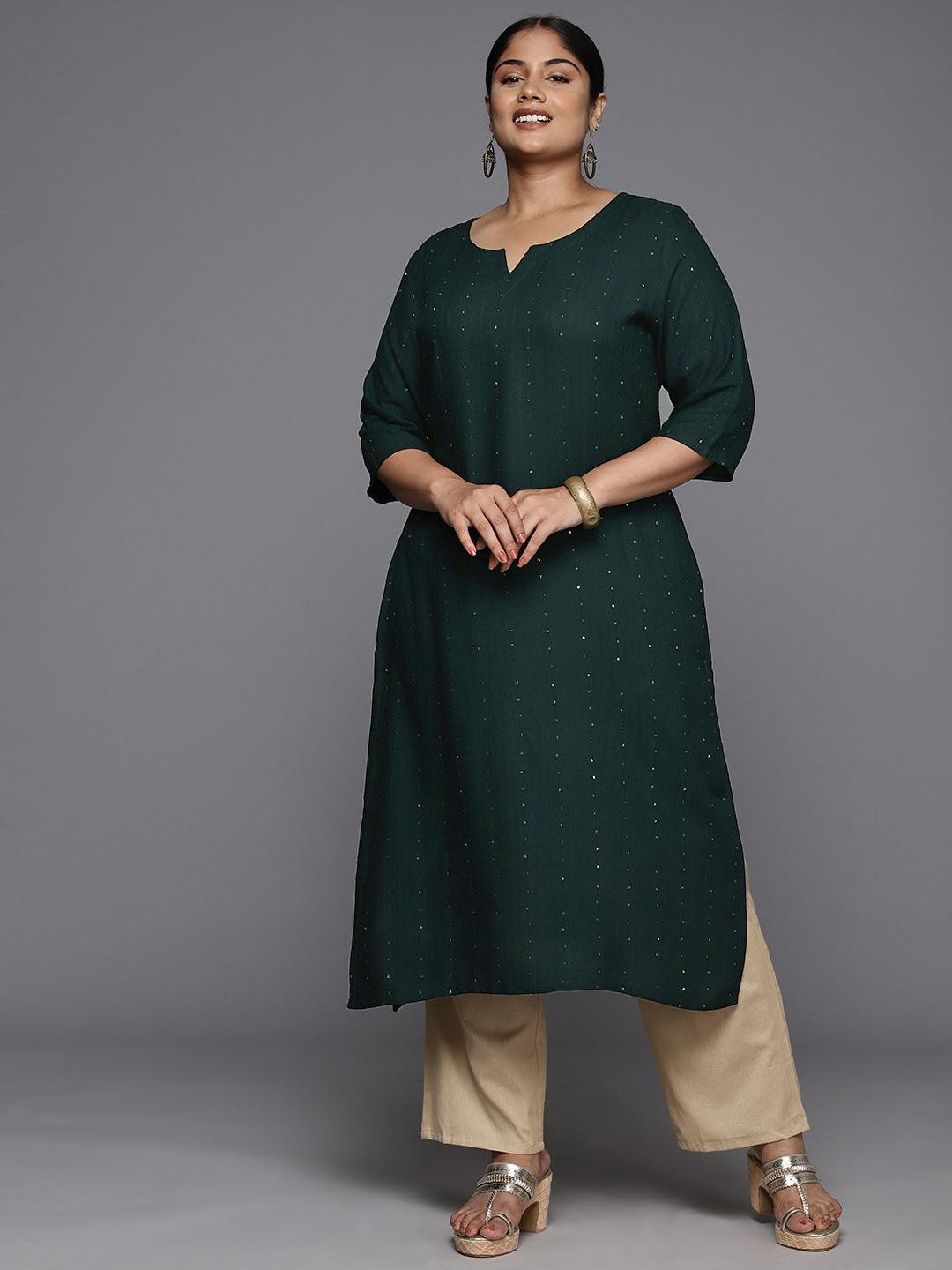 Plus Size Green Rayon Embroidered Straight Kurta