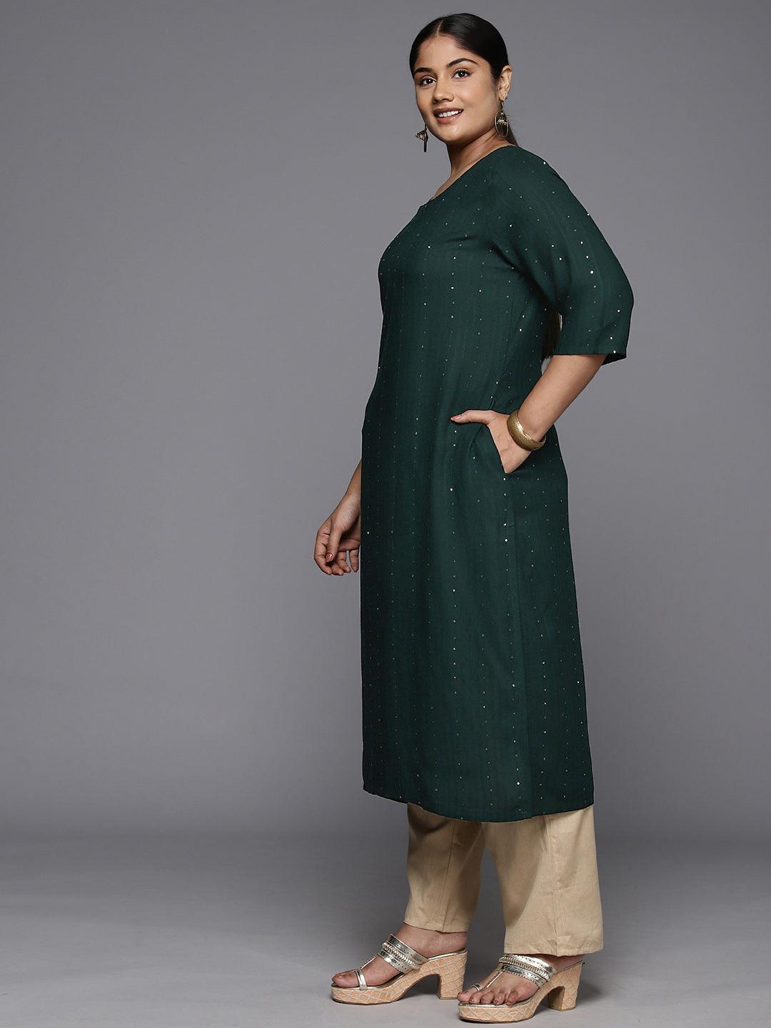 Plus Size Green Rayon Embroidered Straight Kurta