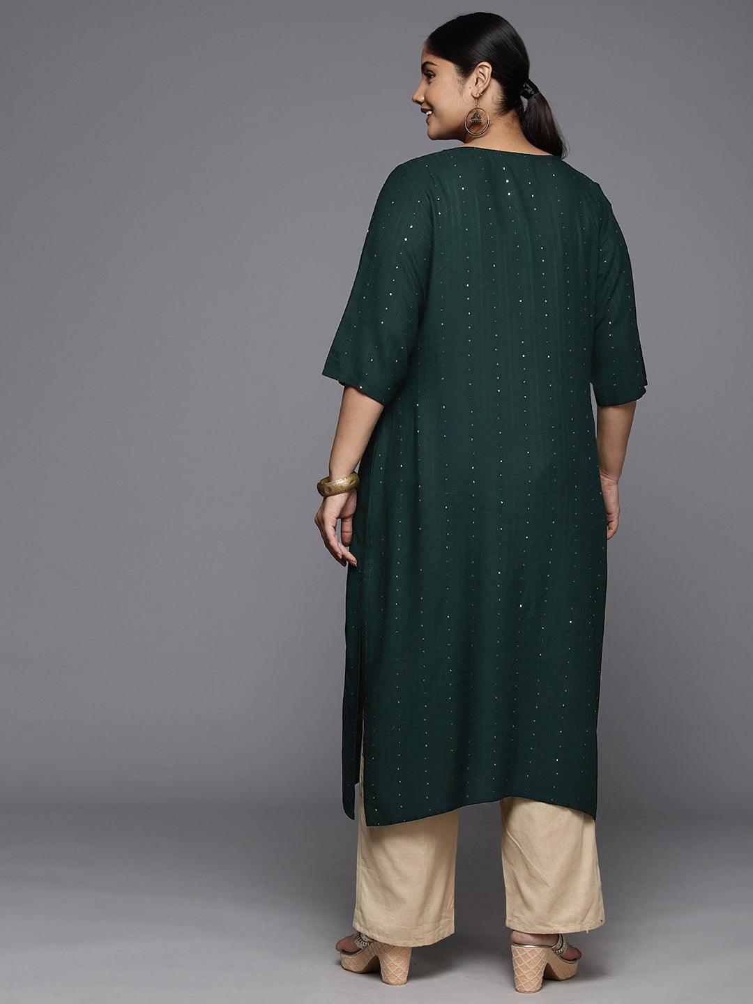 Plus Size Green Rayon Embroidered Straight Kurta