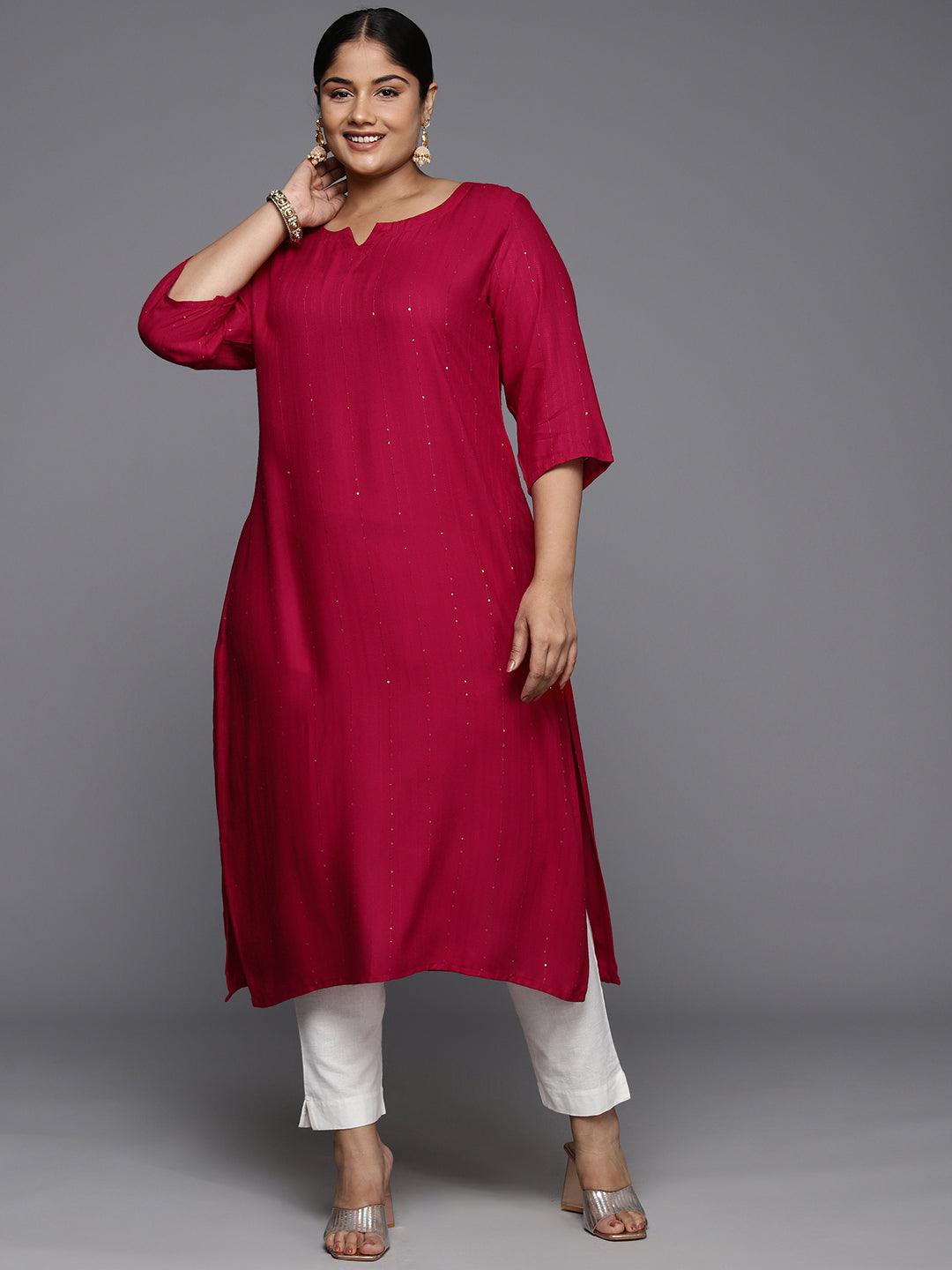 Plus Size Red Rayon Embroidered Straight Kurta