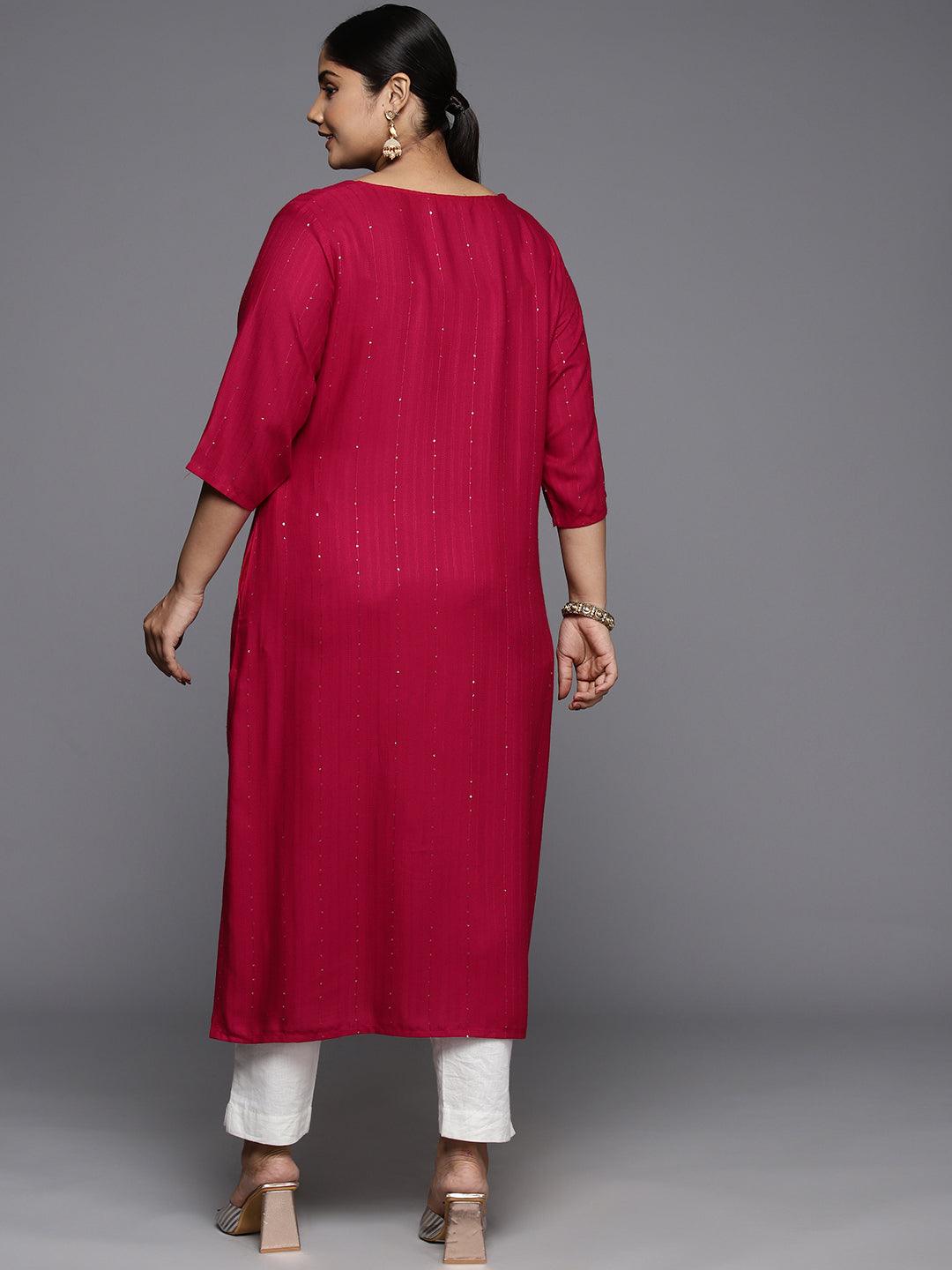 Plus Size Red Rayon Embroidered Straight Kurta