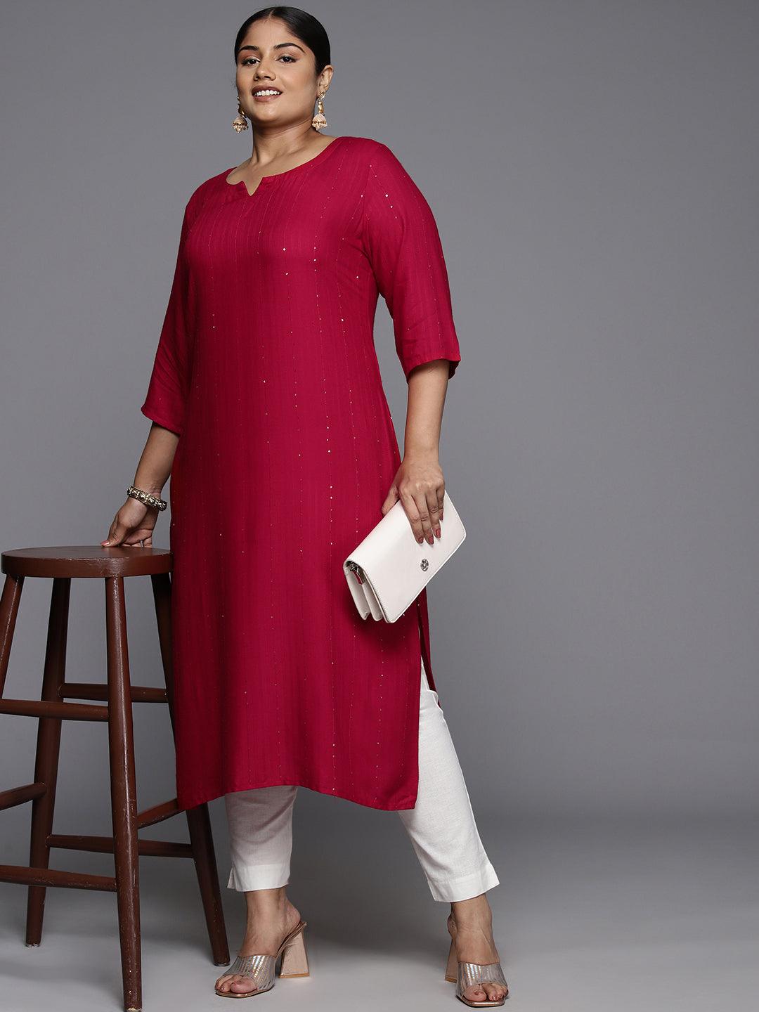 Plus Size Red Rayon Embroidered Straight Kurta