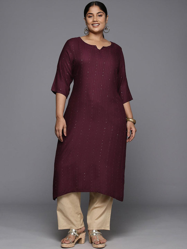 Plus Size Burgundy Rayon Embroidered Straight Kurta - ShopLibas